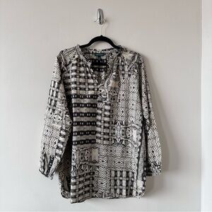 LAUREN Ralph Lauren-Aztec V-Neck Print Blouse (Size:Large)